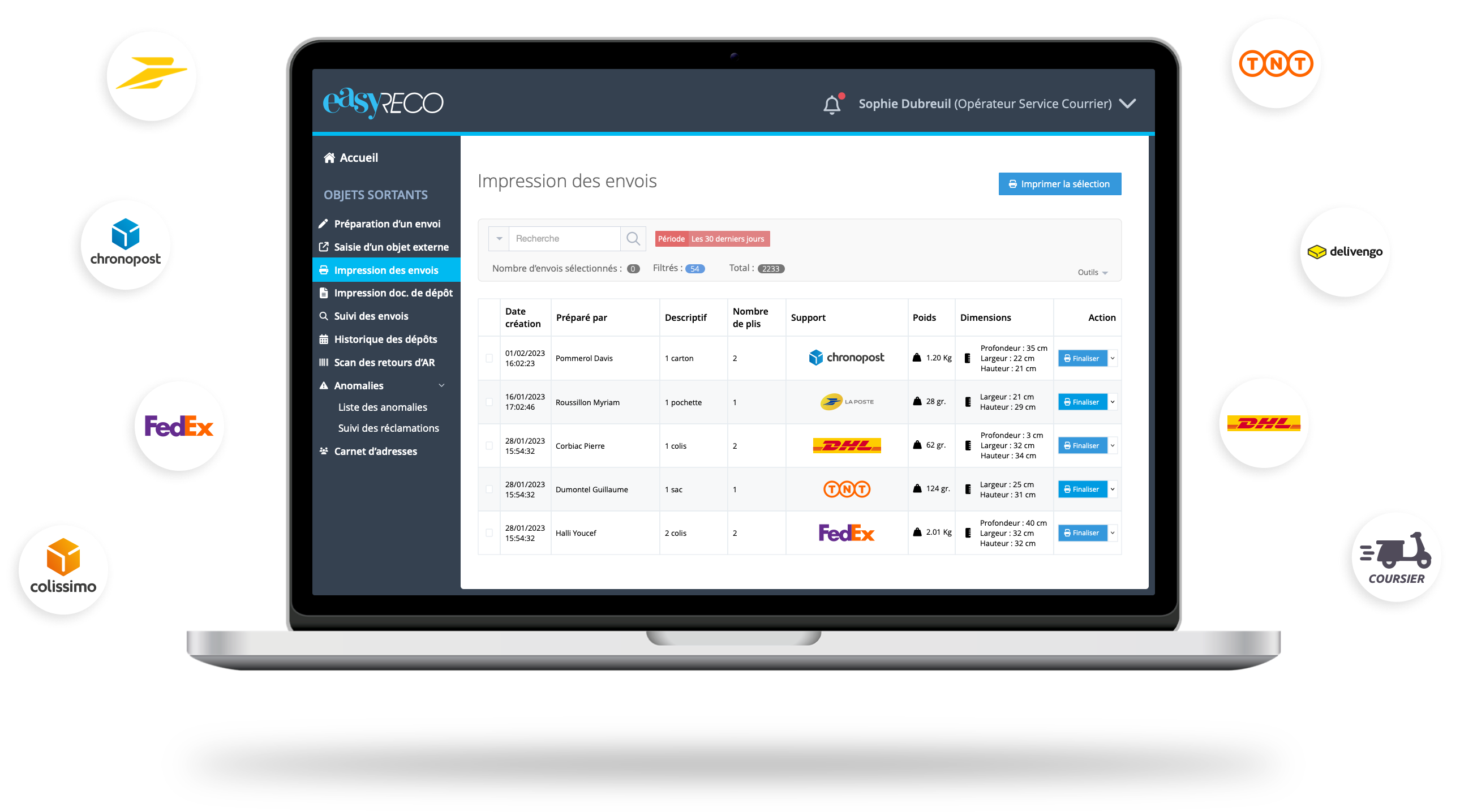 easyReco, logiciel de traçabilité courrier : Gestion des transporteurs d'expéditions : La Poste, Colissimo, Chronopost, Fedex, TNT, DHL, Dleivengo...