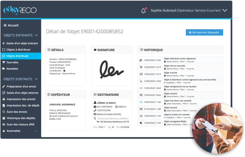 Interface easyReco - Détail de suivi objet interne